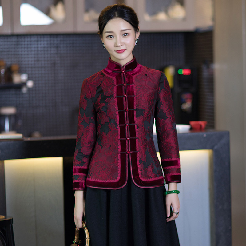 Chinese classic pair of brooded style Tang suit small cotton padded jacket with elegant and noble Chinese style disc button clip cotton winter style qipao blouses woman