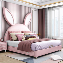 Girl princess bed Childrens solid wood leather bed Girl pink light luxury daughter room single bed Rabbit bed with drawer