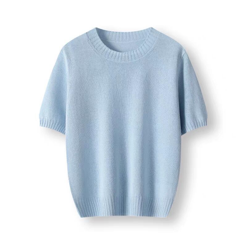 Japanese Paper Yarn Zero-Pressure Breathable Wide Ribbed Half-Sleeve Island Country Summer Crew Neck Short-Sleeve Pullover Women's T-Shirt
