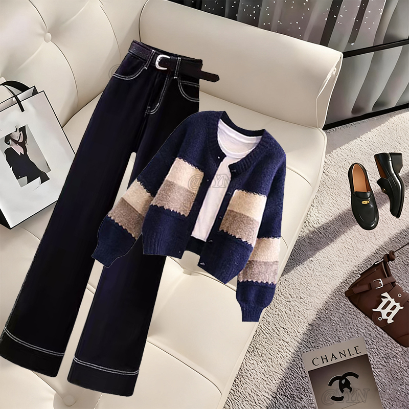 Autumn and Winter Loose Sweater Jacket Popular Set Women's T-Shirt Paired with Straight Retro Slimming Jeans Three-Piece Set