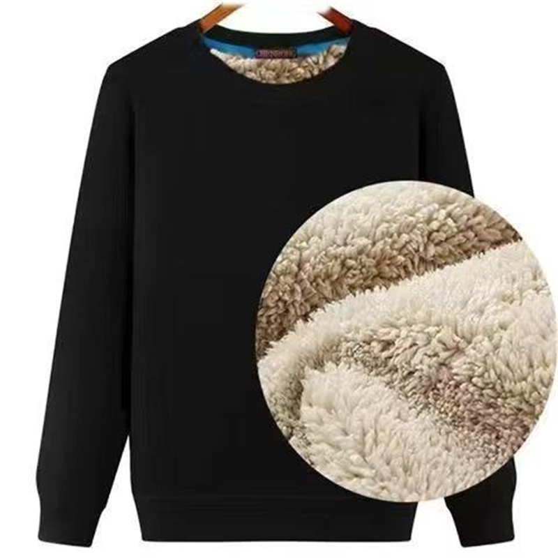 Round-Neck Casual Fleece-Lined Men's Winter Warm Jacket, Hoodless Couple's Sweatshirt, Lamb Fleece, Loose Fit, Thickened for Warmth