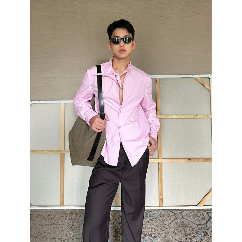 Trendywu French-Style New Money "Jersey" Dry Rose Pink Knife-Cut Hollow Bow Tie Elegant Casual Shirt