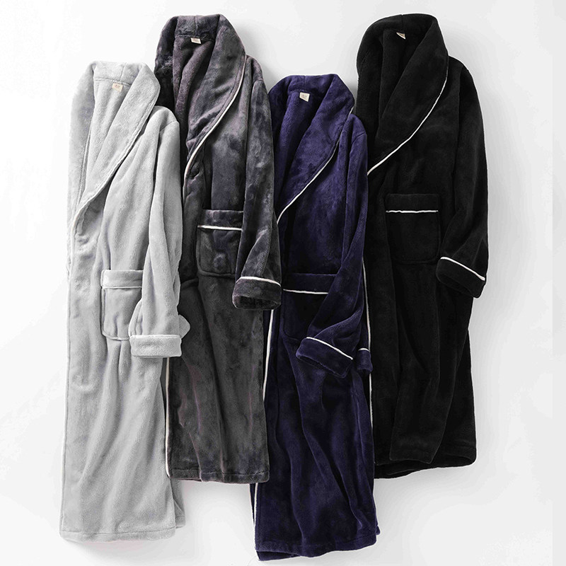 Men's pajamas autumn and winter coral fleece nightgown lapel thickened and fleece women's home wear bathrobe flannel winter