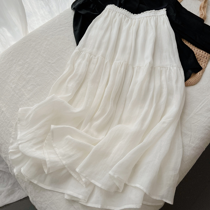 Zi Mo Qing He~ Artistic White Double-Layered Ramie Skirt for Women, Fairy-Like, Large Hem, Versatile, Forest-Style Cotton Linen Long Skirt