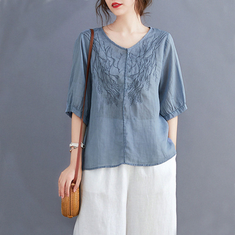 Pure Ramie top loose literary retro original heavy industry embroidery T-shirt women's summer lantern sleeve V neck cotton shirt