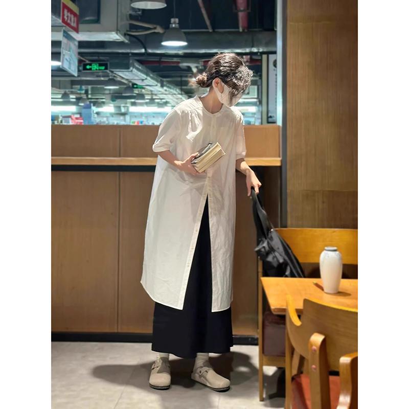 Zimuoqinghe~ Japanese-Style White Mid-Length Cardigan Shirt for Women, Short-Sleeved Pure Cotton Shirt Dress Layering Top