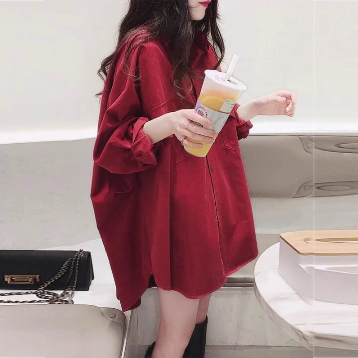 Clearance Sale~ Vintage Red Casual Shirt for Women, Long-Sleeved, Loose-Fitting, Plus-Size Cardigan Jacket, Covers the Body and Makes You Look Slimmer