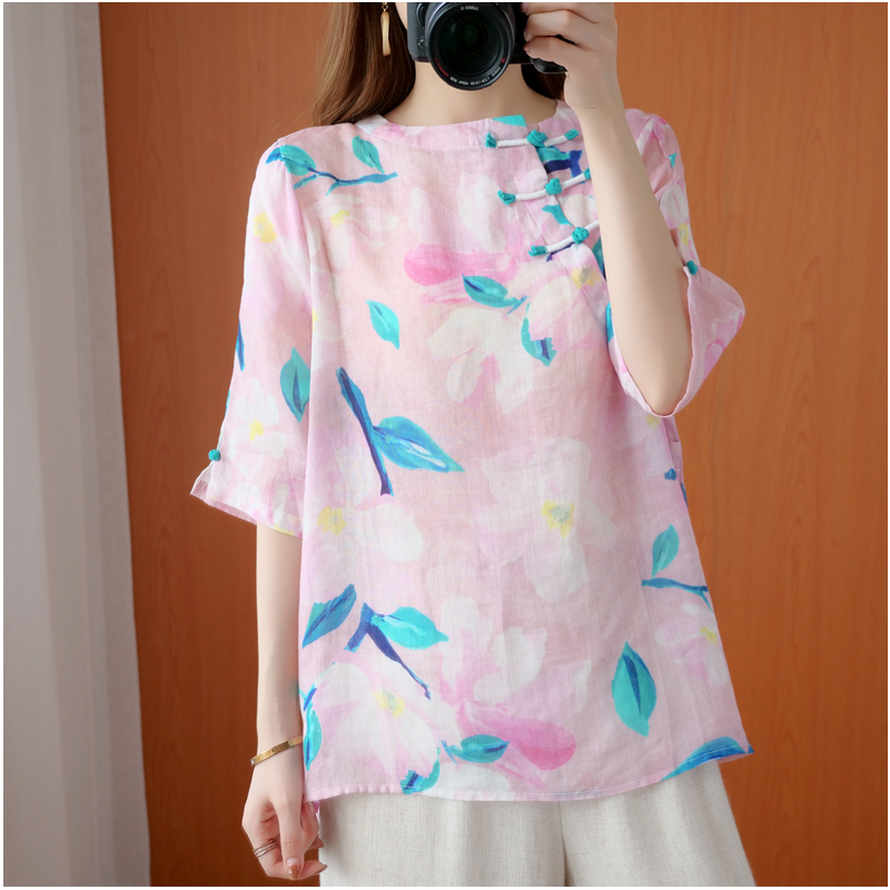 Republic of China wind age reduction retro temperament plate buckle printed cotton linen shirt Women's summer literature and art light middle sleeve linen cotton top