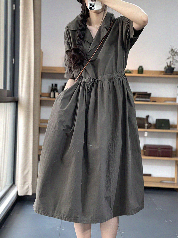 Clearance Sale~ Original Japanese-Style Suit Collar Cotton and Linen Dress for Women, Mid-Length, Waist-Cinching, Short-Sleeved Shirt Dress Clearance Sale~ Original Japanese-Style Suit Collar Cotton and Linen Dress for Women, Mid-Length, Waist-Cinching, Short-Sleeved Shirt Dress