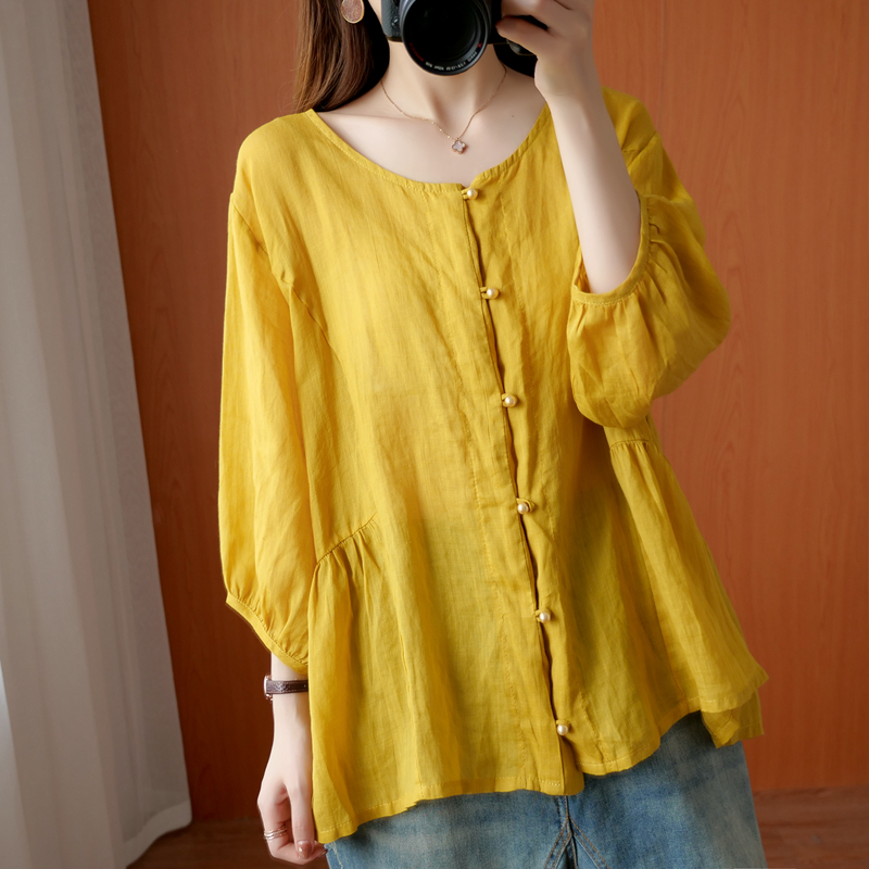 Renaissance Chinese style shirt woman autumn loose wear cotton sweater shirt seven sleeve linen cotton tops