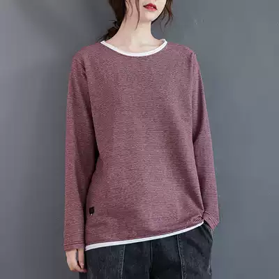 Literary pinstripe long-sleeved T-shirt women's 2020 autumn loose casual fake two-piece cotton all-match bottoming shirt top