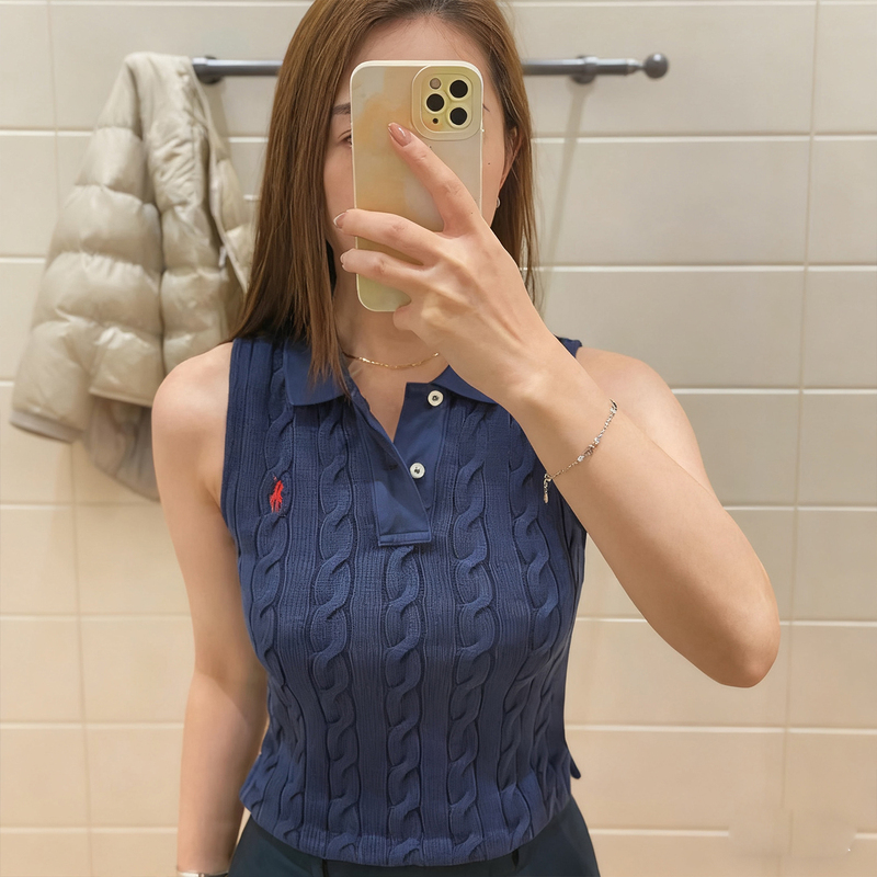 American-Style Pony Logo Embroidered Polo Collar Sleeveless Vest for Women, Summer Versatile Slim-Fit Cable Knit Turn-Down Collar Short-Sleeve Trendy Top