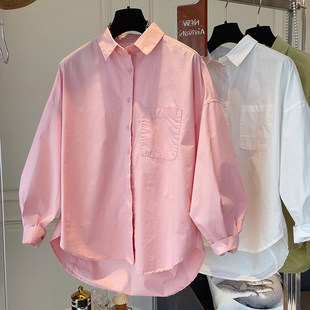 2024 Ранняя весна новый корея Корейский поколение короткое замыкание в передней аспект свободный случайный чистый хлопок, порошок цвет рубашки женщина с длинными рукавами куртка прилив