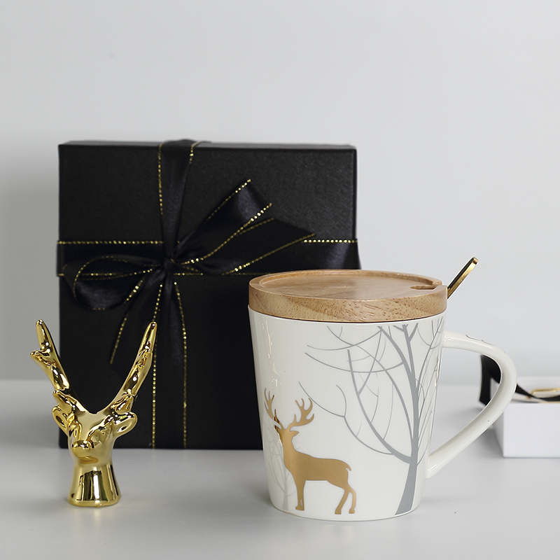 Contracted wind elk ceramic mugs Nordic ins with cover spoon lovers gift box water cup coffee cup