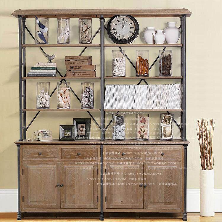 Retro old wrought iron partition rack living room solid wood against the wall with cabinet storage rack display rack drawer bookshelf