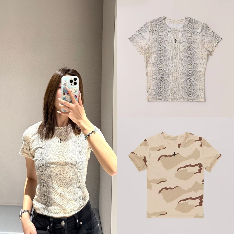 [in Stock] S Cross Stamp Slim Fit Sports Tee Snake Pattern Camouflage Vintage T-Shirt Summer New Style