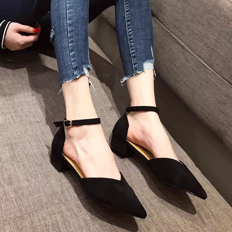 One-Strap Pointed Toe Low-Heeled Fashion Sandals Hollow Casual Women's Shoes Office Workers' Chunky Heel Shallow Shoes in Various Sizes