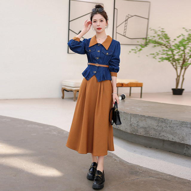 Denim dress two-piece women's 2023 spring new retro Hong Kong style western style age-reducing high-level sense suit skirt