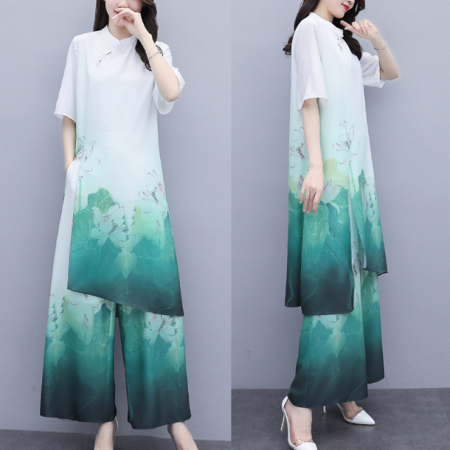 Improved cheongsam suit trousers women's 2022 summer new retro national style thin color wide-leg trousers two-piece trendy