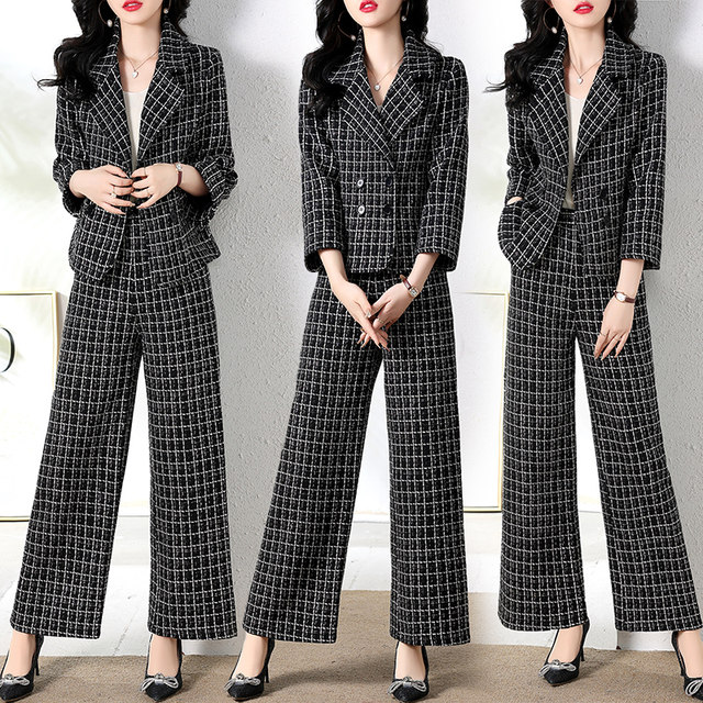 Plaid woolen suit women 2022 autumn and winter new fashion temperament high-end professional small suit wide-leg pants two-piece set