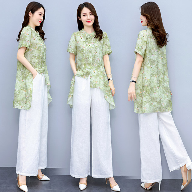Retro ethnic style suit women's summer 2022 new design and color thin section cotton and linen improved cheongsam wide-leg pants two-piece set