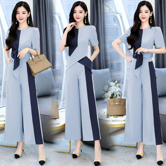 Color-blocking wide-leg pants suit women's thin section 2022 summer new fashion temperament celebrity high waist drape two-piece suit