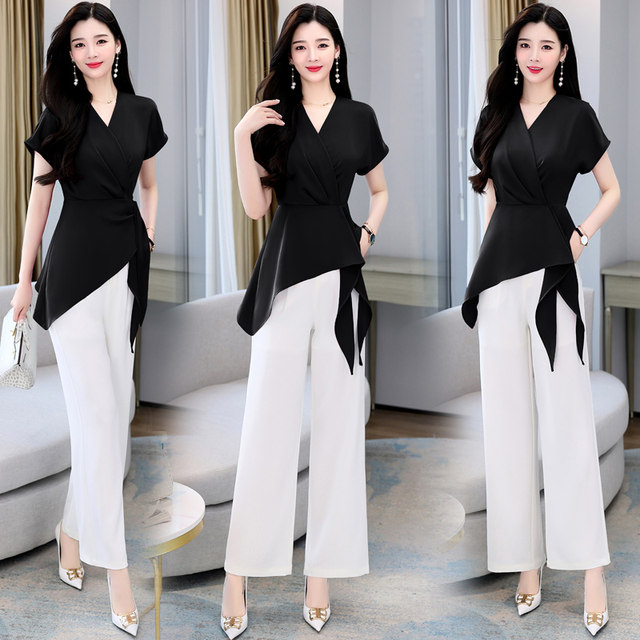 High-end professional suit women's thin section 2022 summer new fashion temperament goddess Fan hanging wide-leg pants two-piece set