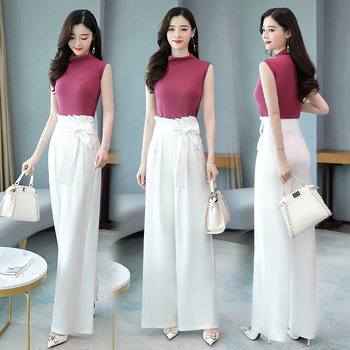 Fashionable wide-leg pants suit women 2022 summer new trendy western style age-reducing slim chiffon skirt pants two-piece trendy