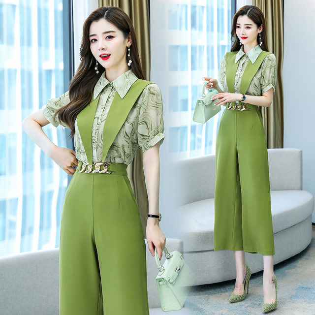 Chiffon wide-leg pants suit women 2022 summer new fashion celebrity temperament professional thin jumpsuit two-piece suit