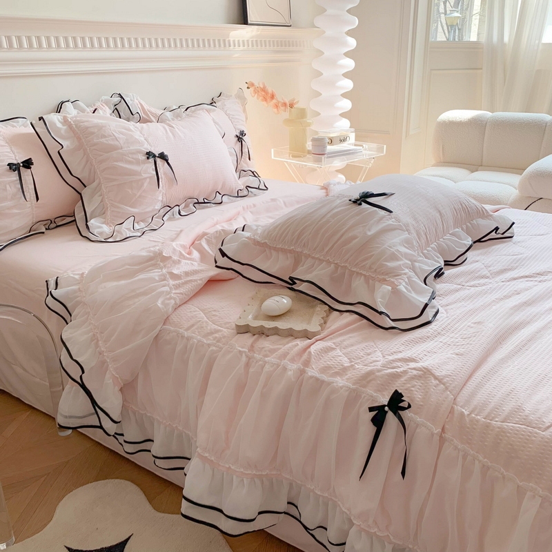 Fresh and Simple Korean-Style Bubble Gauze Pink Princess-Style Summer Quilt Air-Conditioning Quilt Bed Sheet Four-Piece Set Summer Quilt Double Bed