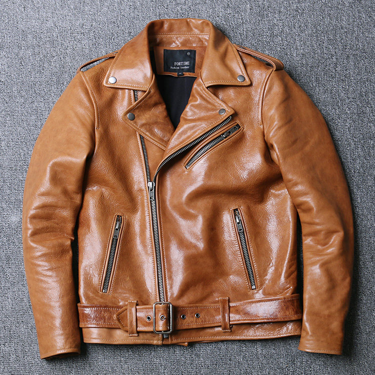 A rare good purchase 50 pieces of Italian crystal oil wax vegetable tanned heavy sheep leather motorcycle jacket men's leather coat
