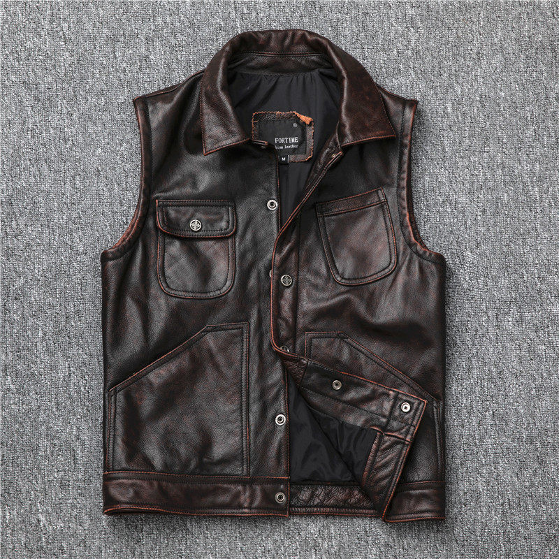 Cow - leather fur coat man repair short skin vest vest crane locomotive clothes over the old retro - old