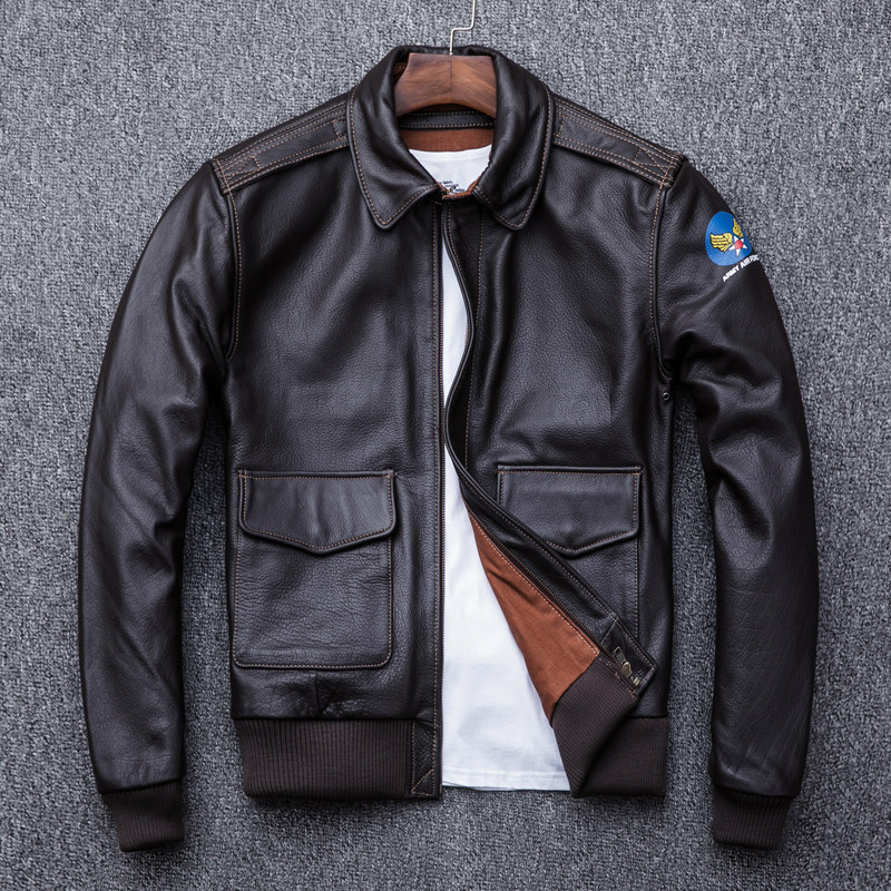 Ami Khaji leather flight jacket jacket A2 first layer cowhide leather jacket men's short baseball uniform lapel jacket