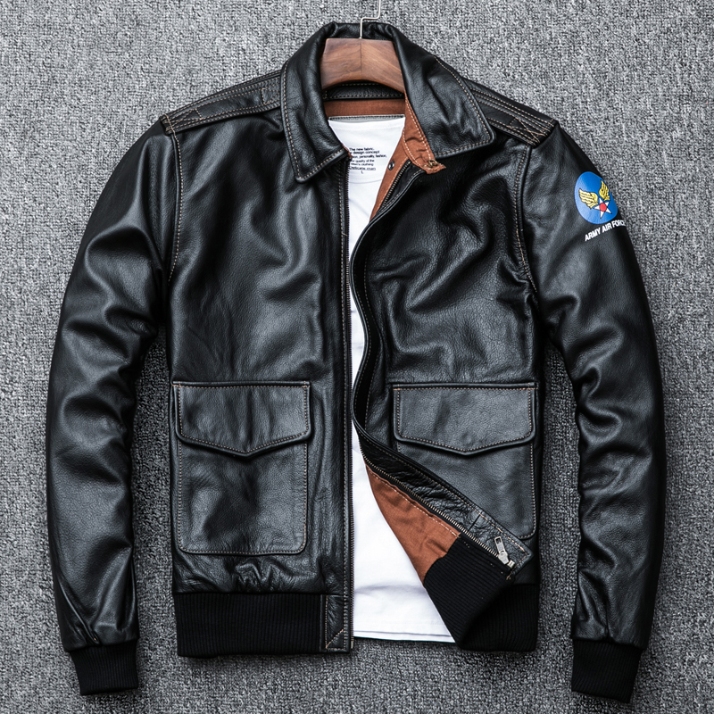 Aramco Kachi baseball suit leather flight jacket Jacket A2 first layer cowhide leather jacket Men's short lapel jacket