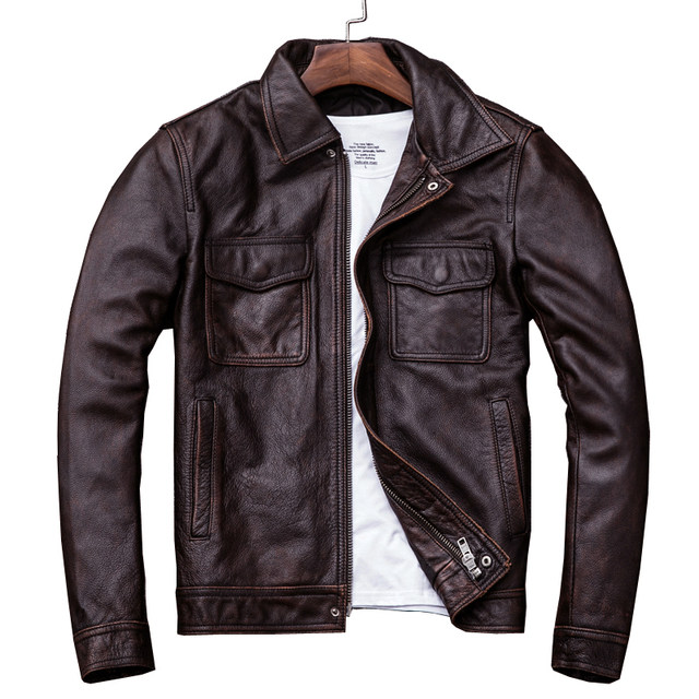 Ame khaki first-layer cowhide retro stonewashed distressed leather jacket men's short slim fit jacket leather cotton