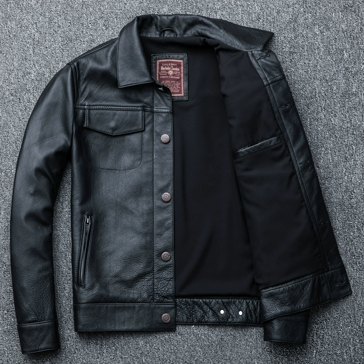 Da da denim hàng đầu Đàn ông da ngắn da đầu tiên lớp da bò đầu máy áo khoác da trẻ trung