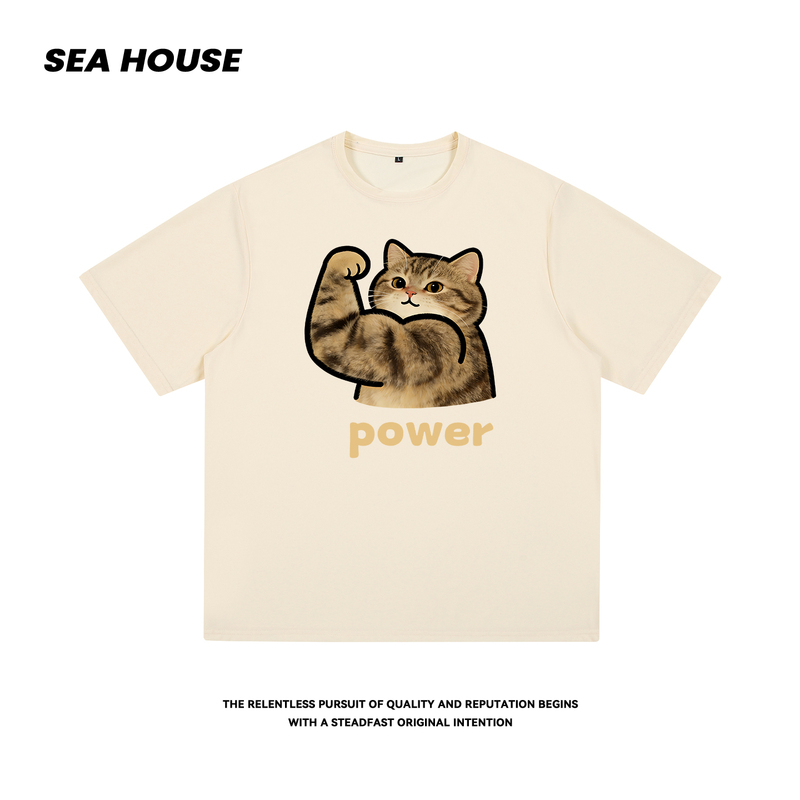 【Power Tabby Cat】Quick-Drying Fun Cartoon Sports Short-Sleeve T-Shirt, Loose Half-Sleeve