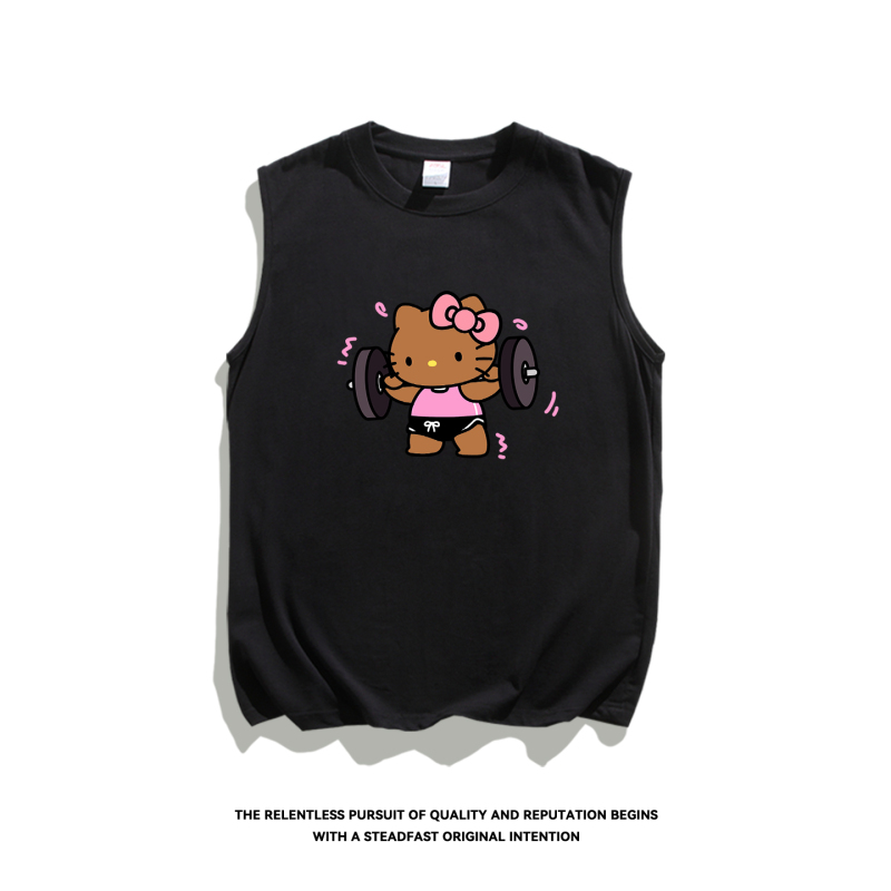 【Black Leather Fitness Kitty Three-Point】Loose-Fitting Summer Pure Cotton Sleeveless T-Shirt