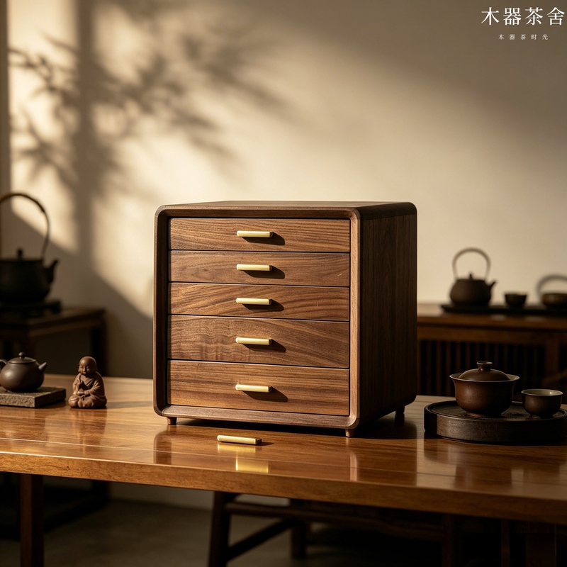 5-Layer New Chinese-Style Solid Wood Tea Set Storage Cabinet Walnut Multi-Compartment Storage Cabinet Living Room Cabinet Large Capacity Drawer Cabinet