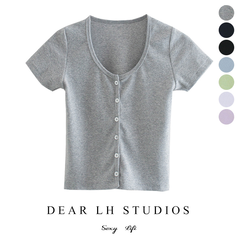 Basic solid color short-sleeved T-shirt women's spring and summer new single-breasted round neck high-waisted navel-high slim-fit elastic inner layer