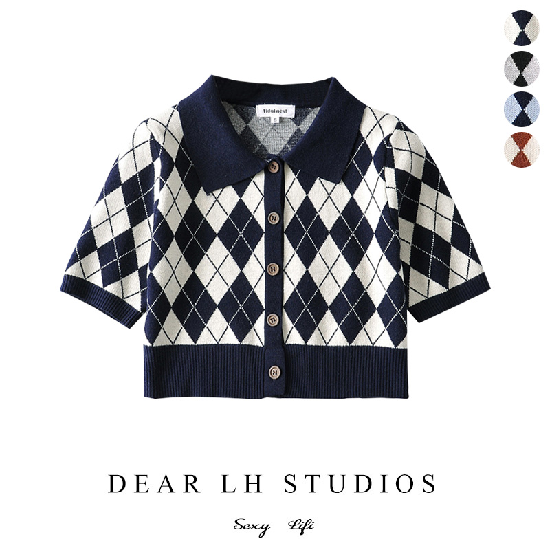 British style Lingge short cardigan top women's retro polo collar button College age-reducing wild short-sleeved sweater