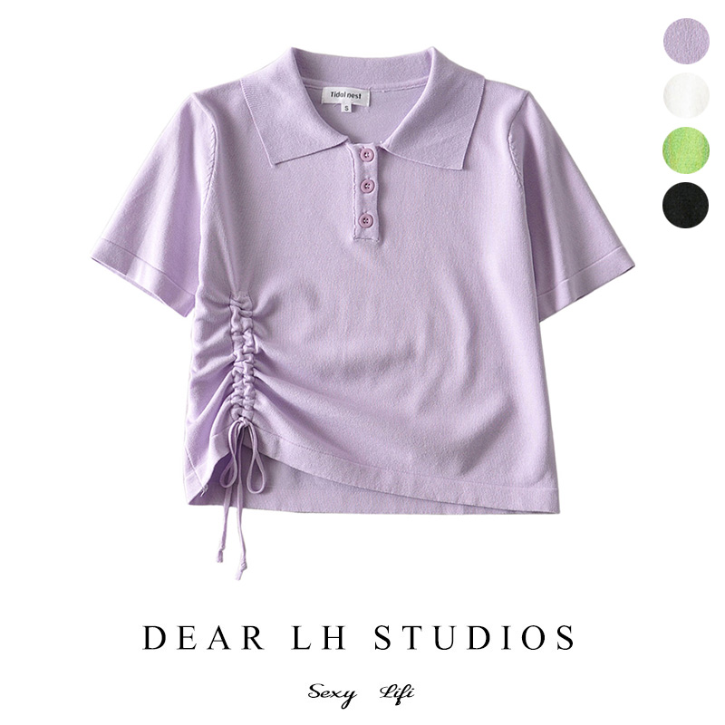 2020 summer new wrinkled knitted short-sleeved T-shirt women's Korean version of the Western style all-match thin high waist polo collar top