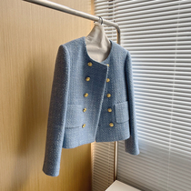 Where Aunt Seiko Workshop Blue Coarse Flowers small fragrant wind jacket Womens autumn Winter name Yuanyuan Style Round Collar Short blouses