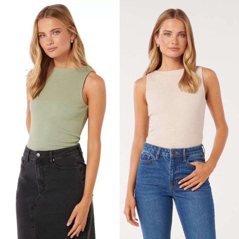 Australian Fn Style Commuter Xxs-L Slim Fit Textured Ribbed Sleeveless T-Shirt Top Boat Neck Women's Tank Top