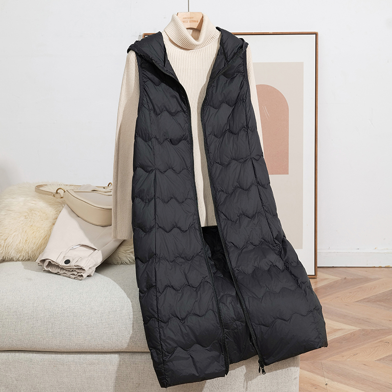 2025 New Long Over-The-Knee Ultra-Light down Vest for Women, Hooded Sleeveless Coat, Warm and Convenient Outerwear