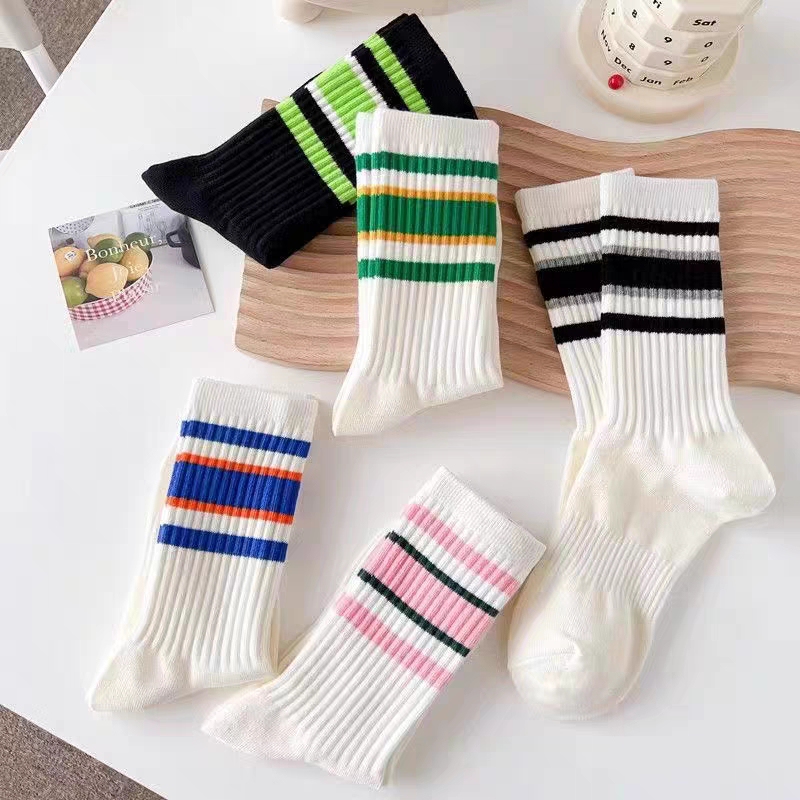 New Korean Dongdaemun Socks for Men and Women, Striped Cotton Socks, Trendy Brand, Mid-Calf, Sports and Casual Couple Socks