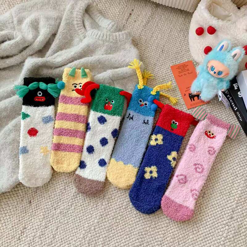 Coral Fleece Socks for Women, Thickened for Autumn and Winter, Warm and Comfortable Towel Socks, Cute Cartoon Mid-Calf Sleep Socks, Cute and Quirky Socks