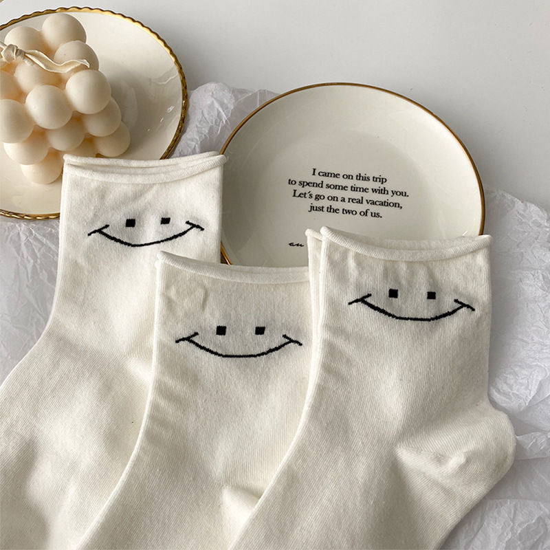 Women's Summer Thin Socks with Smiley Face, Cute Cartoon White Mid-Calf Socks, Student Smiley Loose Socks, Women's Short Socks