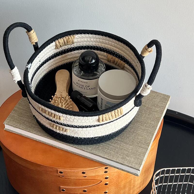 Black and White Color-Blocked Hand-Woven Cotton Storage Basket, Portable Toy, Makeup and Miscellaneous Storage Basket, Homestay Decoration Black and White Color-Blocked Hand-Woven Cotton Storage Basket, Portable Toy, Makeup and Miscellaneous Storage Basket, Homestay Decoration