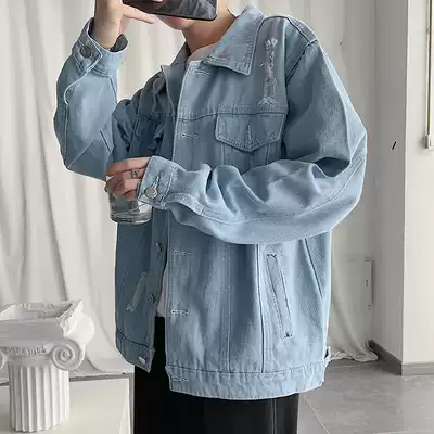 Spring and autumn winter loose hole denim jacket boys trend Korean tooling jacket Joker Hong Kong wind ins clothes